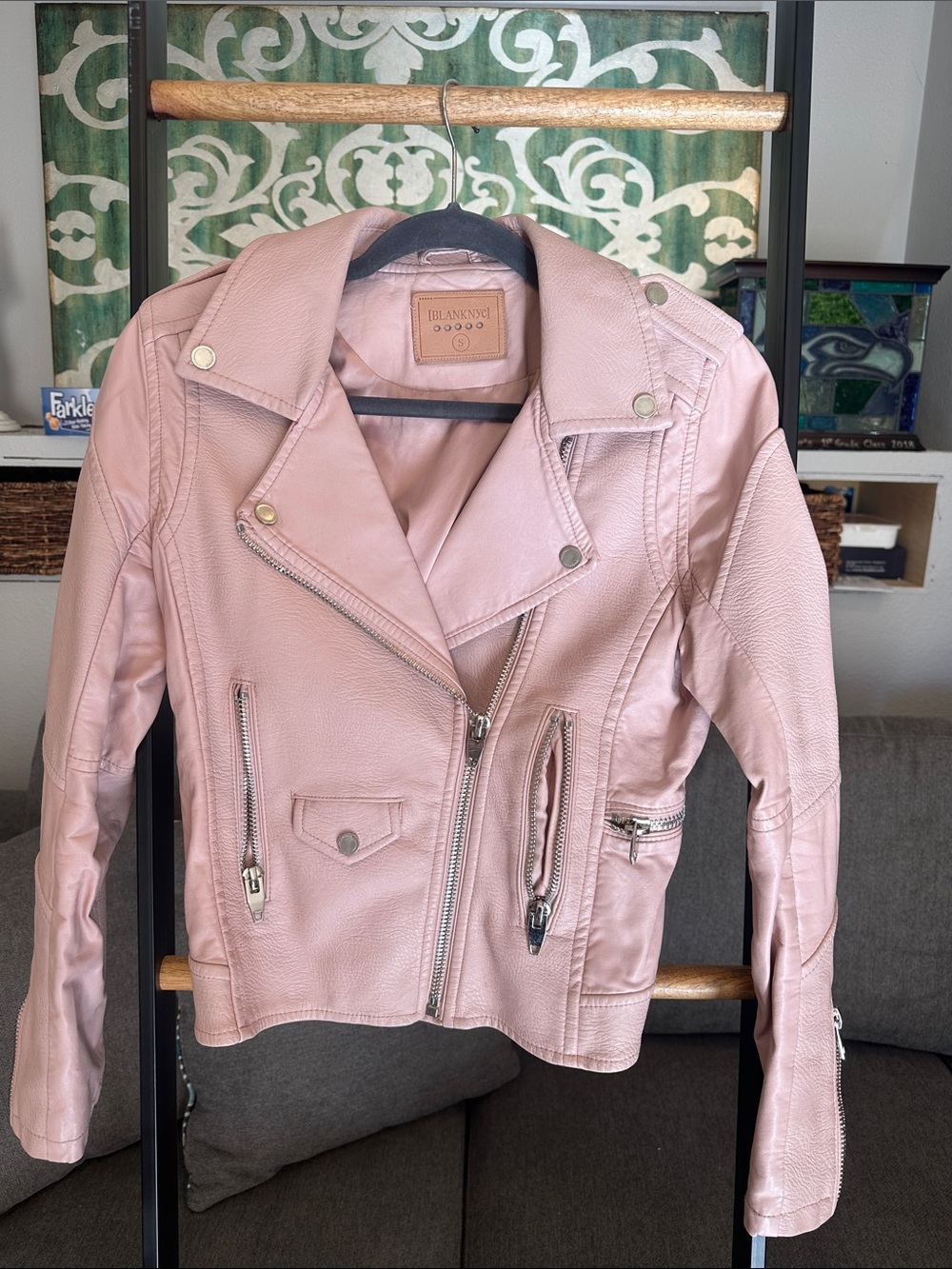 Blank NYC Blush Pink faux Leather Moto Jacket with Silver Hardware